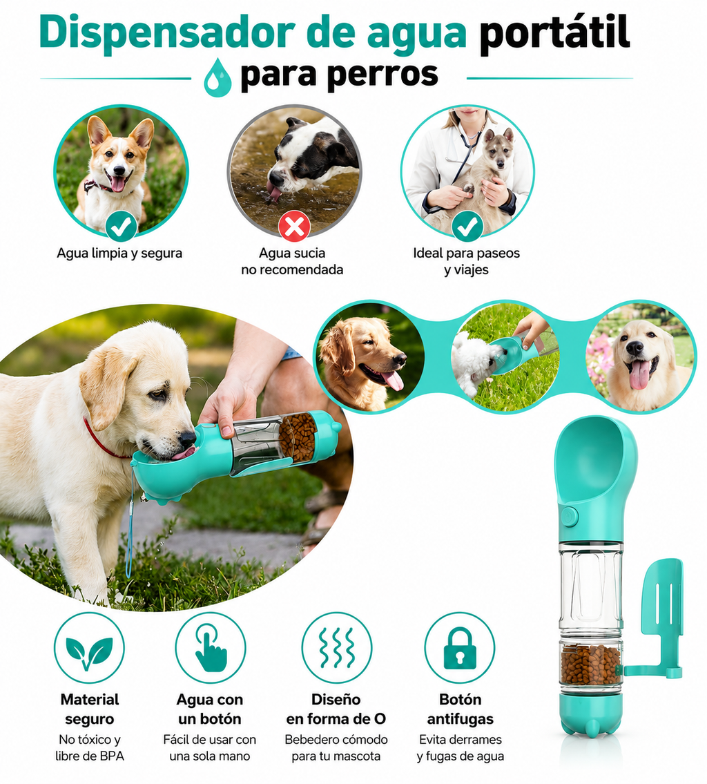 Perro bebiendo agua de bebedero portátil