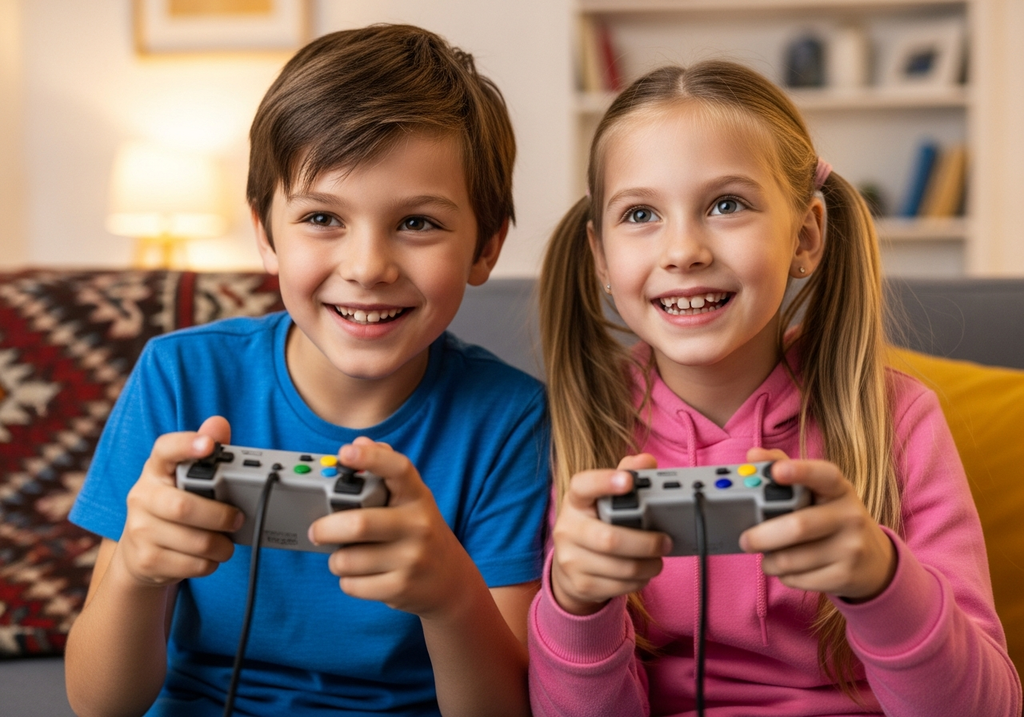 Dos niños jugando con la consola