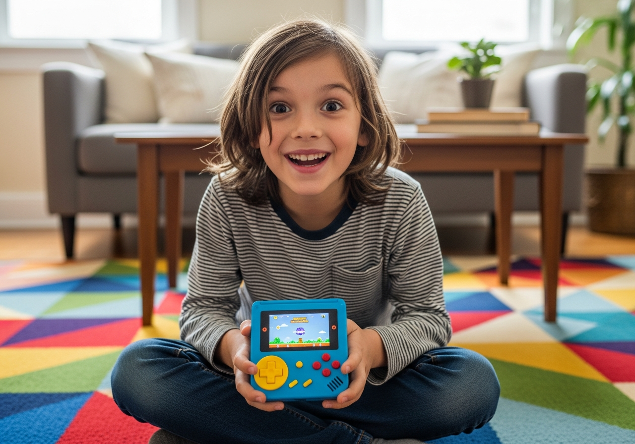 Niño con mini consola de juegos