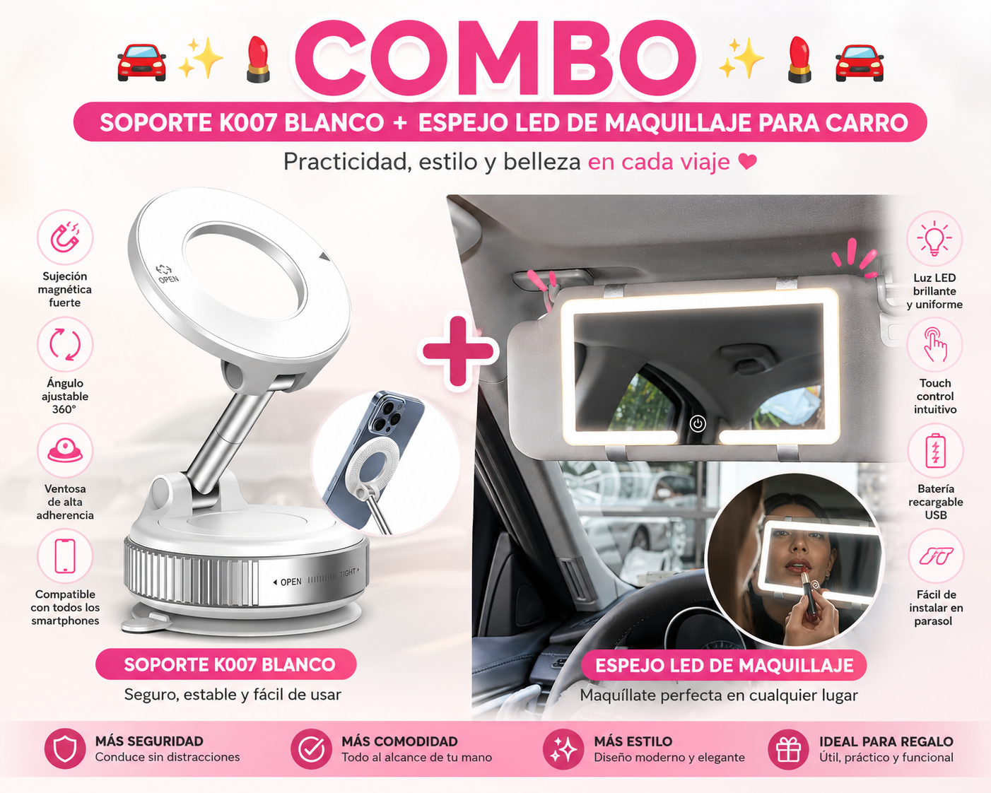Combo espejo LED y soporte K007 blanco